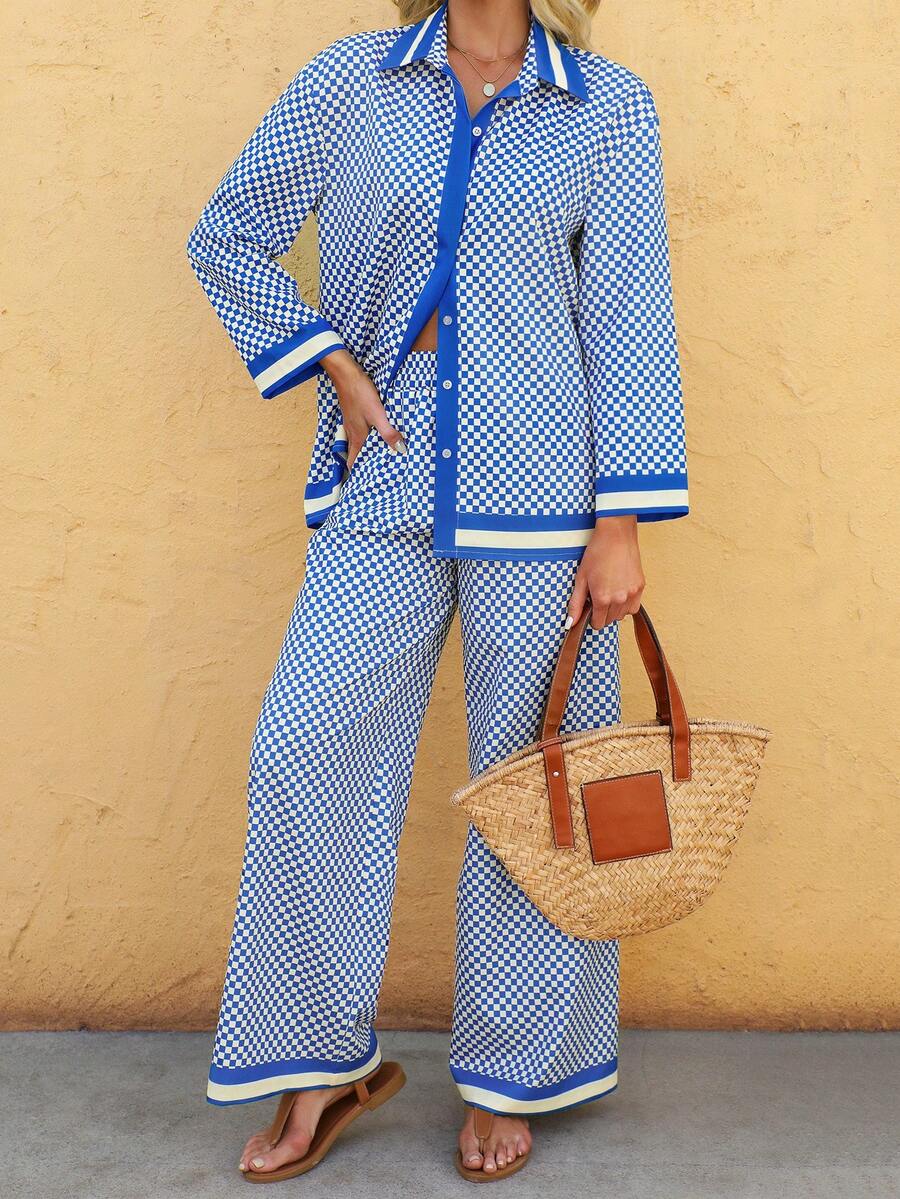 Vaclyn 女士度假休闲格子衬衫和裤子两件套 - 杏色 - 查看 1