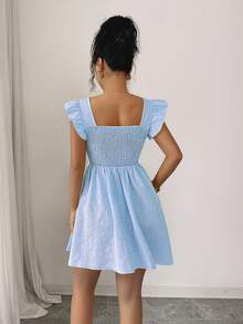 Elenzga Y2K American Independence Day New Season French Square Collar Cap Sleeve Cinched Waist Summer High-End Textured Floral A-Line Sweet Mini Elegant Office Dress, Cream Yellow - Baby Blue - View 5