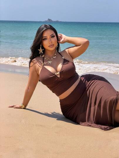 NU&NOW 大码棕色露脐吊带上衣和不对称飘逸中长裙两件套