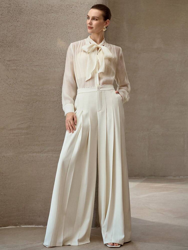 WOMEN'S HIGH WAIST FOLD PLEATED WIDE LEG PANTS, STRAIGHT LEG TROUSERS, FASHIONABLE CASUAL LOOSE DRAPING MAXI PANTS FOR SPRING/SUMMER