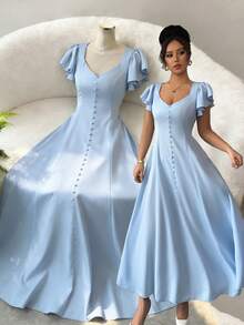 Chiquease Vestido ceñido y estilizado con escote corazón, manga de tapeta azul, apropiado para citas y vacaciones, primavera/verano 2025 - Azul - Ver 1