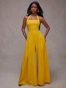 NYA SZN Jumspsuit Halter Neck Wide Led Fit And Flare Baby Shower Special Event Date Night Everyday Vacation Travel Beach Spring Summer Casual Brunch Outfits For Women - Yellow - View 6
