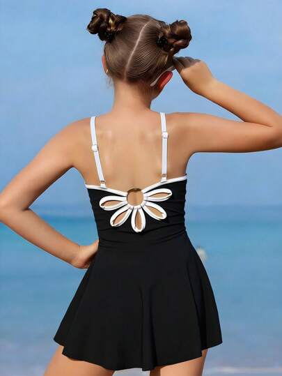 SHEIN Tween Girls Tankinis, Girls' Halter-Neck Bikini, Vacation, Casual, Sophisticated Style, Black Swimwear, Knitted Fabric, Black And White Color-Blocked Openwork Halter-Neck Swimwear Set, Two Pieces Swimwear, Mid-Length Halter-Neck Swim Skirt And Square-Leg Swim Trunks, Fashionable, Casual, Exquisite, Gorgeous, Ladylike, Suitable For Swimming, Summer Vacation, Beach, Seaside, Swimming Pool, Summer Party, Leisure Vacation Black Swimsuit Flower Swim Dress Teen Girl Swim Dress Bow Swimsuit Swim Suit With Flower Flower Swimsuit Cute Black Swim Suit For Teen Girls Black Dress With Daisy Black Swim Dress Girls Swimsuit Flower Cutout Swimsuit Skirted Swimsuit One Piece Swimsuit Bathing Suit Dress Butterfly Backless Dress One Piece Dress Summer Summer Dress Swimsuit Summer Holiday Outfits Dress