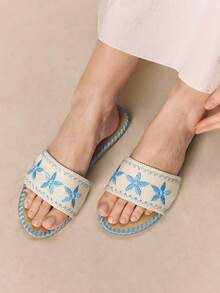 Styleloop Giày sandal đế xuồng dây thừng đan cho nữ, kiểu dáng nghỉ dưỡng BOHO Chic Retro American Western, thích hợp cho các lễ hội âm nhạc và tiệc tùng. - Hoa xanh - Xem 2