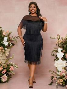 SHEIN Lady 大码夏季优雅拼接网眼流苏饰边紧身连衣裙 - 黑色 - 查看 4