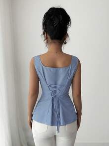 Elenzga 2025 Summer Niche Elegant Square Collar Striped Tie-Up Waist Sleeveless Shirt - Blue and White - View 2