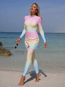 Swim Shayni Women's Ombre Print 3 Pieces Casual Beach Vacation Set,Pink And Yellow Long Sleeve Zip Up Rashguard Swimsuit,Full Coverage Swimwear,Summer Holiday - Multicolor - View 4