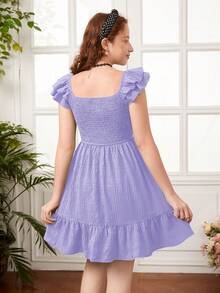 SHEIN Teen Girl Ruffle Trim Shirred Dress - Purple - View 3