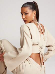 NYA SZN 配套套装：V领长袖上衣配阔腿裤 - 卡其色 - 查看 7