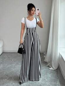 Elenzga Women's Casual Commuter Striped Wide Leg Jumpsuit - Black - View 6