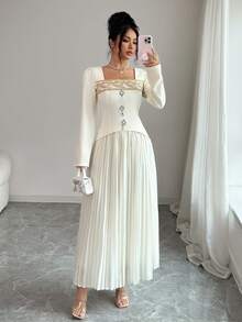 Elenzga Women's Square Neck Sequin Trim Long Sleeve Cinched Waist Top & Pleated Midi Skirt 2-Piece Set - Apricot - View 7