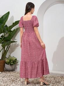 Vestido juvenil con manga corta abullonada y estampado floral, tejido con fruncido - Rosa - Ver 3