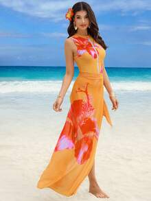 Swim Shayni 女士两件套印花无袖拉链背心式泳衣套装，包含上衣和短裤，以及纱笼裙，适合春夏海滩、邮轮和度假穿着。 - 橘色 - 查看 6