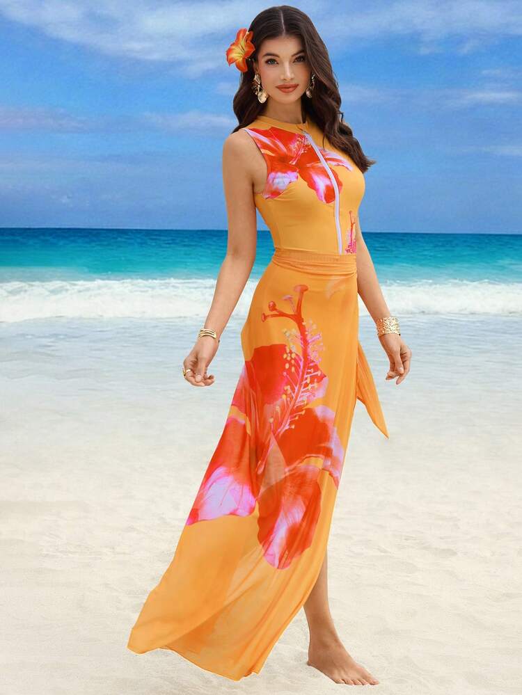 SHEIN Swim Shayni Women's 2-Piece Floral Print Sleeveless Zipper Tankini Top And Shorts Swimwear With Sarong Skirt, Suitable For Spring/Summer Beach, Cruise And Vacation - Orange - View 6