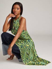 NYA SZN Top Sleeveless Cutout Detail Gathered Printed Abstract High Low Hem Green Satin Everyday Date Night Outfits For Women - Multicolor - View 2