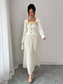 Elenzga Women's Square Neck Sequin Trim Long Sleeve Cinched Waist Top & Pleated Midi Skirt 2-Piece Set - Apricot - View 3