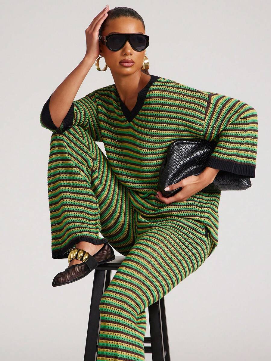 NYA SZN Matching Set (Top & Pant) Top Short Sleeve V Neck Plunge Pant Slim Mini Flare Green Yellow Black Valentine's Day Club Warm Weather NYE New Years Eve Spring Summer Vacation Travel Airport Outfits For Women - Multicolor - View 1