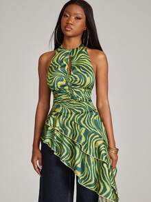 NYA SZN Top Sleeveless Cutout Detail Gathered Printed Abstract High Low Hem Green Satin Everyday Date Night Outfits For Women - Multicolor - View 5