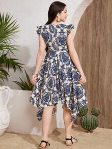 SHEIN 少女融合度假休闲腰果花树叶图案圆领盖袖不对称下摆中长连衣裙，蓝色 - 藏蓝色 - 查看 3