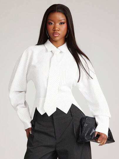 NYA SZN Top Long Sleeve With Tie Asymmetric Hem Tuxedo Easter Club Day Brunch Casual Everyday Going Out Party Special Occasion Travel Vacation Office Siren Western Country Date Night Elegant Luxury Striped Outfits For Women