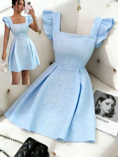 Elenzga Y2K American Independence Day New Season French Square Collar Cap Sleeve Cinched Waist Summer High-End Textured Floral A-Line Sweet Mini Elegant Office Dress, Cream Yellow