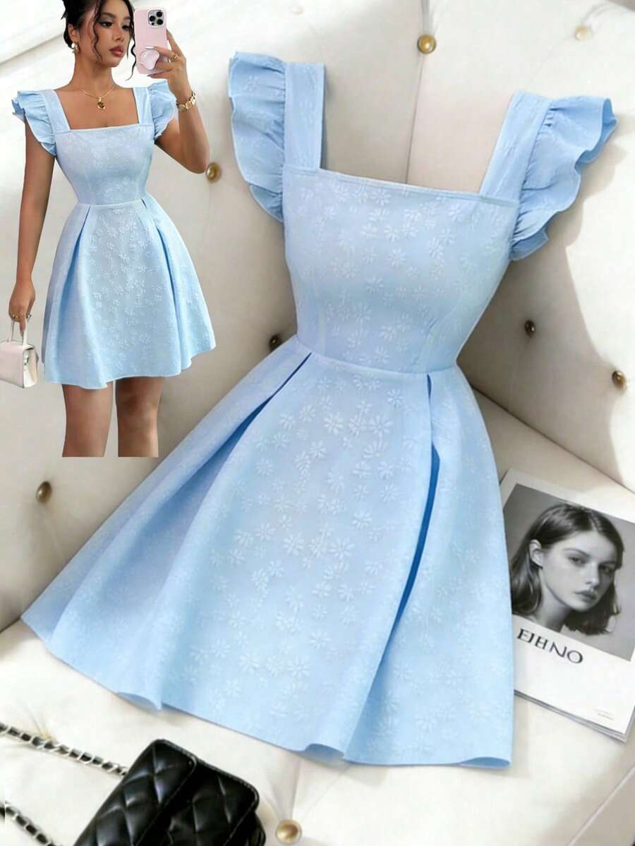 Elenzga Y2K American Independence Day New Season French Square Collar Cap Sleeve Cinched Waist Summer High-End Textured Floral A-Line Sweet Mini Elegant Office Dress, Cream Yellow - Baby Blue - View 1