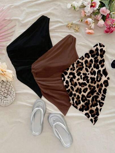 SHEIN Teen Girls 3pcs Vacation Casual Asymmetric Hem Asymmetrical Shoulder Top, Summer 2 Pieces Set, Suitable For Back To School, Afternoon Tea, Casual, Beach Wedding Guest, Graduation Brunch, St. Patrick's Day, Spring Break, Easter, Music Festival, Elegant Boho Tropical, Leopard Print, Black, White