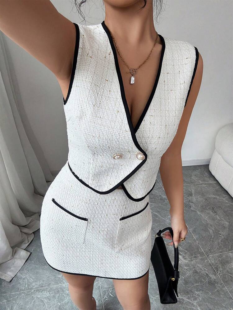 Elenzga Conjunto de 2 Peças Elegante para o Dia dos Namorados/Casamento com Top Sem Mangas com Recorte em Tweed Contrastante + Saia com Bolsos Duplos - Damasco - Visão 6