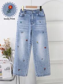 Genkimix Kids Tween Mädchen Jeans mit süßer floraler Stickerei, verwaschen, weich und bequem, gerade Beinform, geeignet für täglichen Gebrauch, Schule, Reisen, Zusammenkünfte in allen Jahreszeiten, Denim Jeans, niedliches Kirsche Tween Mädchen Ästhetik - Helle Waschung - Übersicht 4