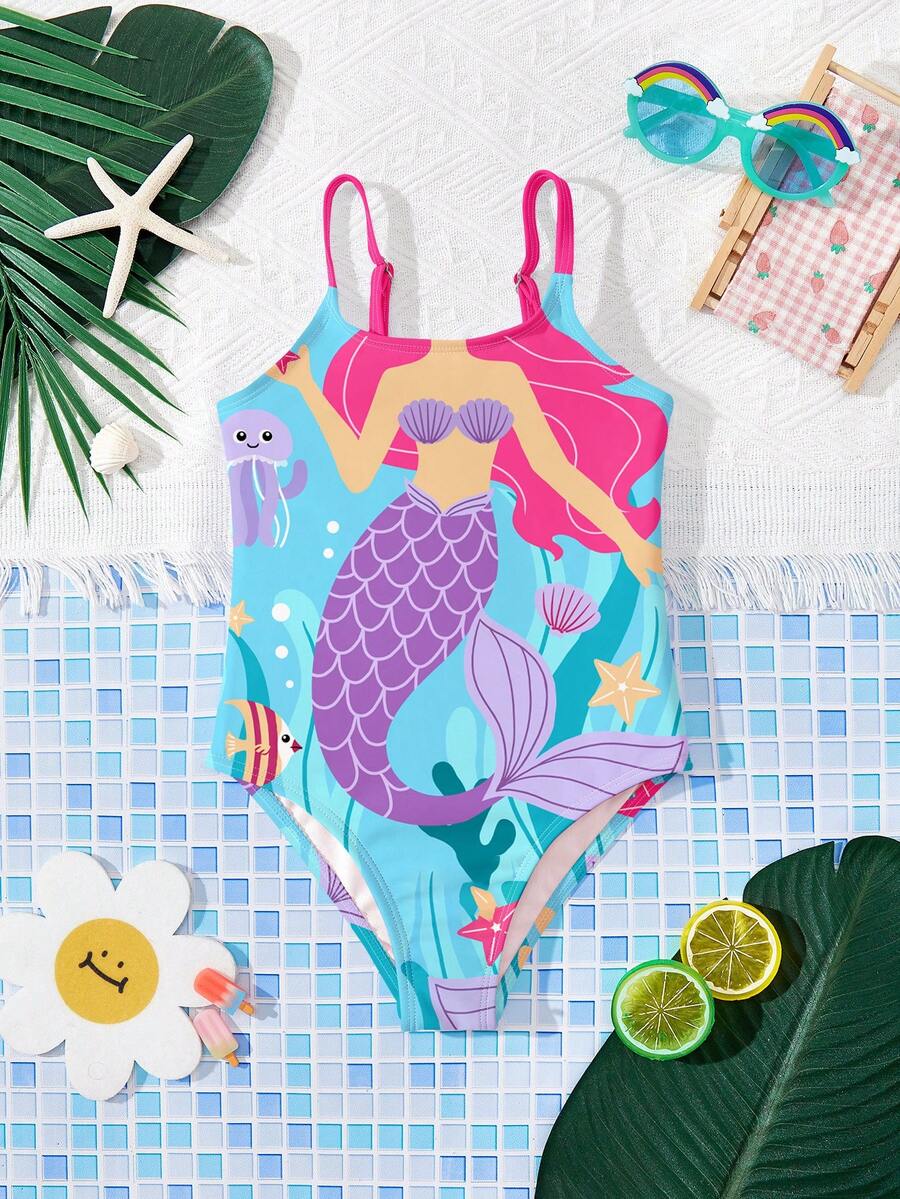 SHEIN Cute Cartoon Mermaid Princess Print, Young Girls Casual Minimalist One-Piece Swimsuit, Suitable For Summer - Multicolor - View 1