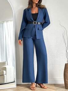 EURMUSE 女士两件套系带西装外套和阔腿裤套装，仿牛仔面料 - 寶藍色 - 查看 4