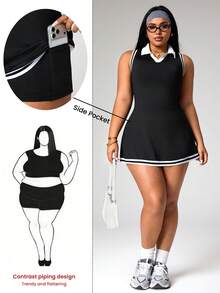 Rhythm Era Đầm thể thao không tay kẻ sọc dành cho nữ cỡ lớn, kèm quần short. - Nhiều màu - Xem 1