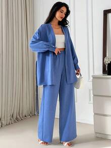 EURMUSE Conjunto de top envolvente con cinturón y pantalones de pierna ancha - Elegante conjunto de dos piezas de manga larga de tela vaquera suelta - Azul - Ver 3