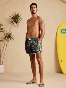 Manfinity Swimmode 男士抽绳腰带休闲百搭沙滩短裤 - 黑色 - 查看 4