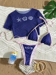 Swim Mod 3pcs Women's Surfing Outfit Set, Cherry Letter Print Spaghetti Strap Bikini, Sheer Mesh Cover Up Round Neck Short Sleeve T-Shirt, Knit Swimsuit - Royal Blue - View 1