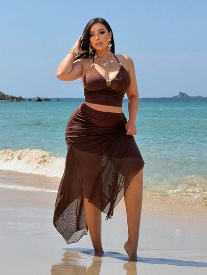 NU&NOW 大码棕色露脐吊带上衣和不对称飘逸中长裙两件套