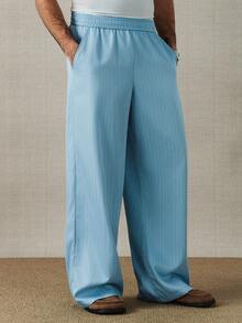 HUEFORM 男士抽绳腰带条纹休闲宽松阔腿裤，日常百搭 - 藍色 - 查看 4