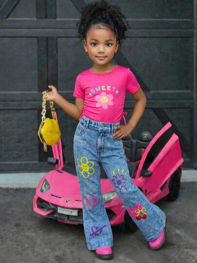 SHEIN 2pcs/Set Toddler Girls Fuchsia Round Neck Short Sleeve Floral Print Waist T-Shirt And Sunflower Print Effect Long Pants  Young Girl Casual Loose Floral Print Short Sleeve Round Neck T-Shirt And Flare Pants, Suitable For Daily Wear, Spring & Summer Outfits Suitable For Summer, Street Style, Casual Campus Sports, Outdoor Picnic, Street Photography, Home