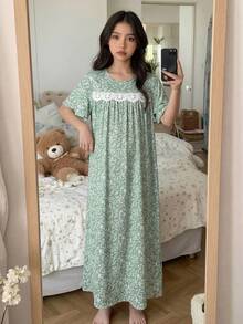 SHEIN Tween Girls' Loose & Cute Ditsy Floral Round Neck Pullover Loungewear - Mint Green - View 2