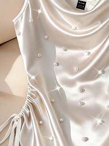 GlowEve Áo hai dây thời trang nữ, dây đeo ngọc trai, cổ xếp ly, eo nhún, kiểu dáng thanh lịch, thoải mái, thích hợp mặc hàng ngày, đi nghỉ mát, dã ngoại, dự tiệc, hẹn hò, mùa xuân/hè. - trắng - Xem 4