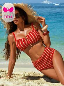Swim DD+ 女士性感时尚纹理面料V领露背系带比基尼上衣+高腰褶皱泳裤，春夏款 - 紅色 - 查看 6