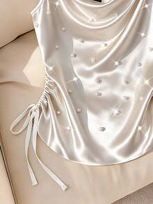 GlowEve Áo hai dây thời trang nữ, dây đeo ngọc trai, cổ xếp ly, eo nhún, kiểu dáng thanh lịch, thoải mái, thích hợp mặc hàng ngày, đi nghỉ mát, dã ngoại, dự tiệc, hẹn hò, mùa xuân/hè. - trắng - Xem 3