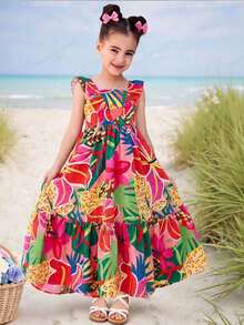 SHEIN Young Girl Woven Square Neck Ruffle Hem Casual Dress - Multicolor - View 1
