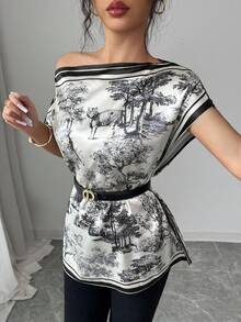 Elenzga 女士优雅水墨图案印花不对称领蝙蝠袖宽松衬衫 - 黑與白 - 查看 4