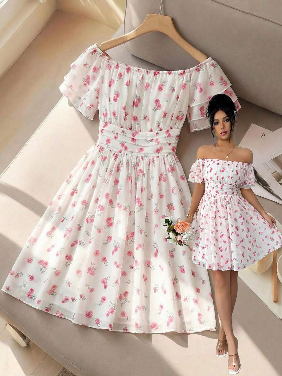 Elenzga 女士时尚优雅单肩碎花荷叶袖A字迷你连衣裙，适合约会、外出、度假，清新风格，拍照必备，百搭，春夏款 - 彩色 - 查看 1