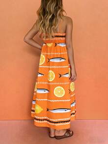 Vaclyn Đầm không tay in hình trái cây và cá dành cho nữ, thích hợp cho kỳ nghỉ. - Màu vàng - Xem 2