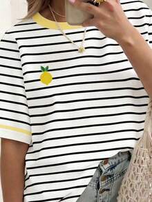 EMERY ROSE 条纹圆领休闲短袖T恤，大码女式T恤，夏季 - 彩色 - 查看 3