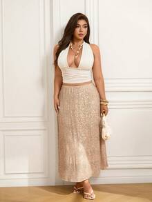 Femmeverse 闪亮亮片A字迷你裙，高腰弹力修身波浪亮片裙摆女裙，夏季 - 杏色 - 查看 4