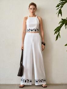 MOTF PREMIUM VACATION LEAF EMBROIDERY CAMI TOP AND WIDE LEG PANTS SET - White - View 8