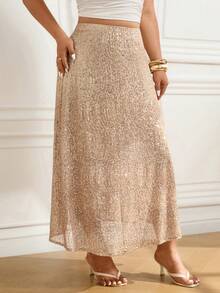 Femmeverse 闪亮亮片A字迷你裙，高腰弹力修身波浪亮片裙摆女裙，夏季 - 杏色 - 查看 7